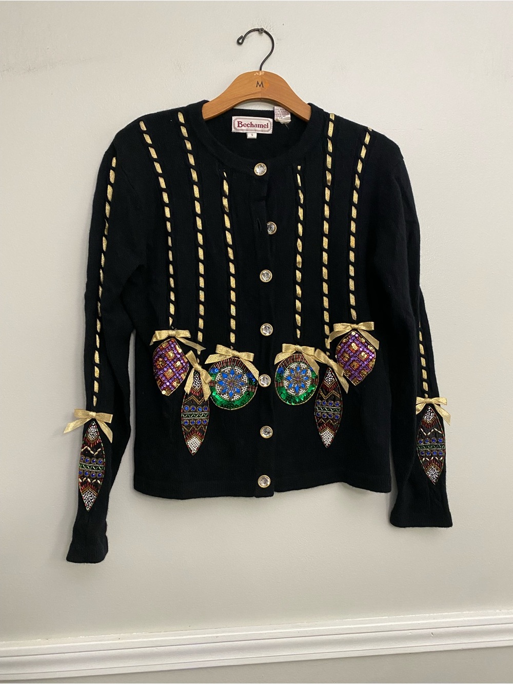 Vintage Ornament Beaded Christmas Sweater Cardigan Wool Blend - S